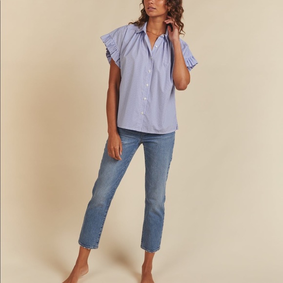 Trovata Tops - Trovota Birds of Paradis Marianne B Ruffle Sleeve Blue & White Shirt Small